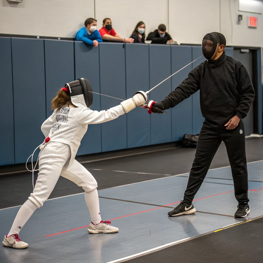 Fencing student practicing with instructor